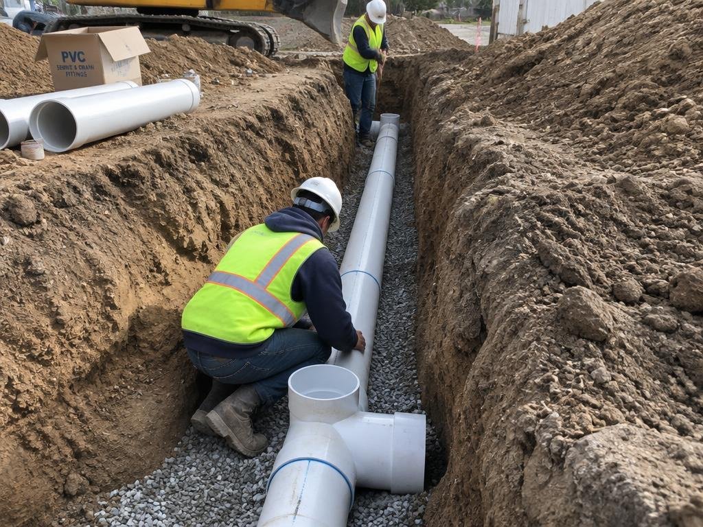 Instalação de tubulações de esgoto em obra