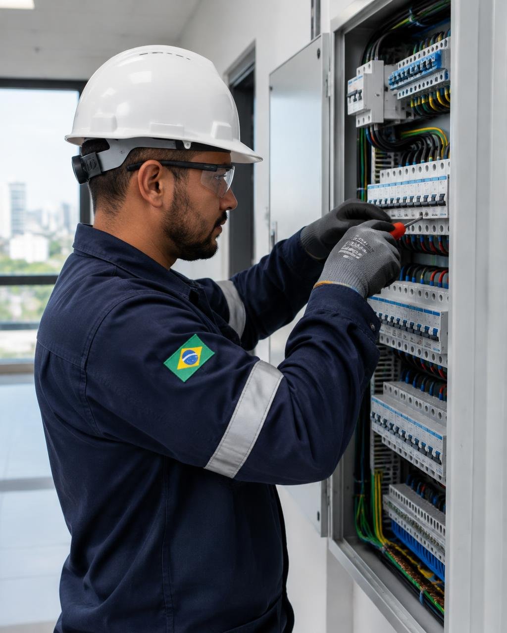 Eletricista trabalhando em quadro de distribuição elétrica