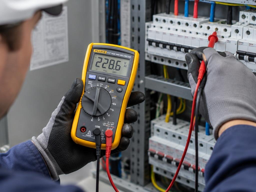 Profissional realizando verificação de instalação elétrica com multímetro