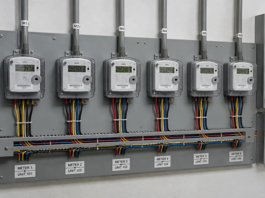 Conjunto de medidores de energia instalados em painel organizado