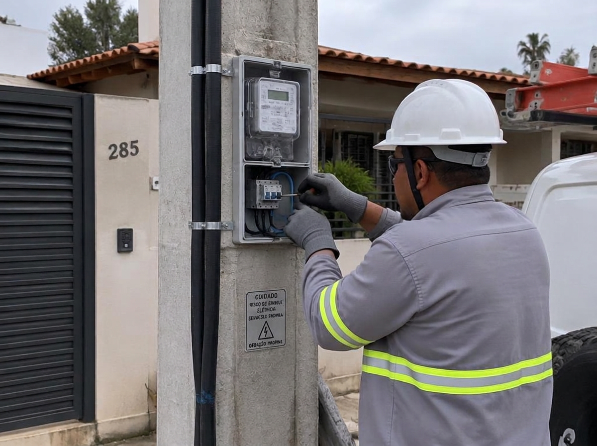 Profissional trabalhando em padrão de entrada de energia